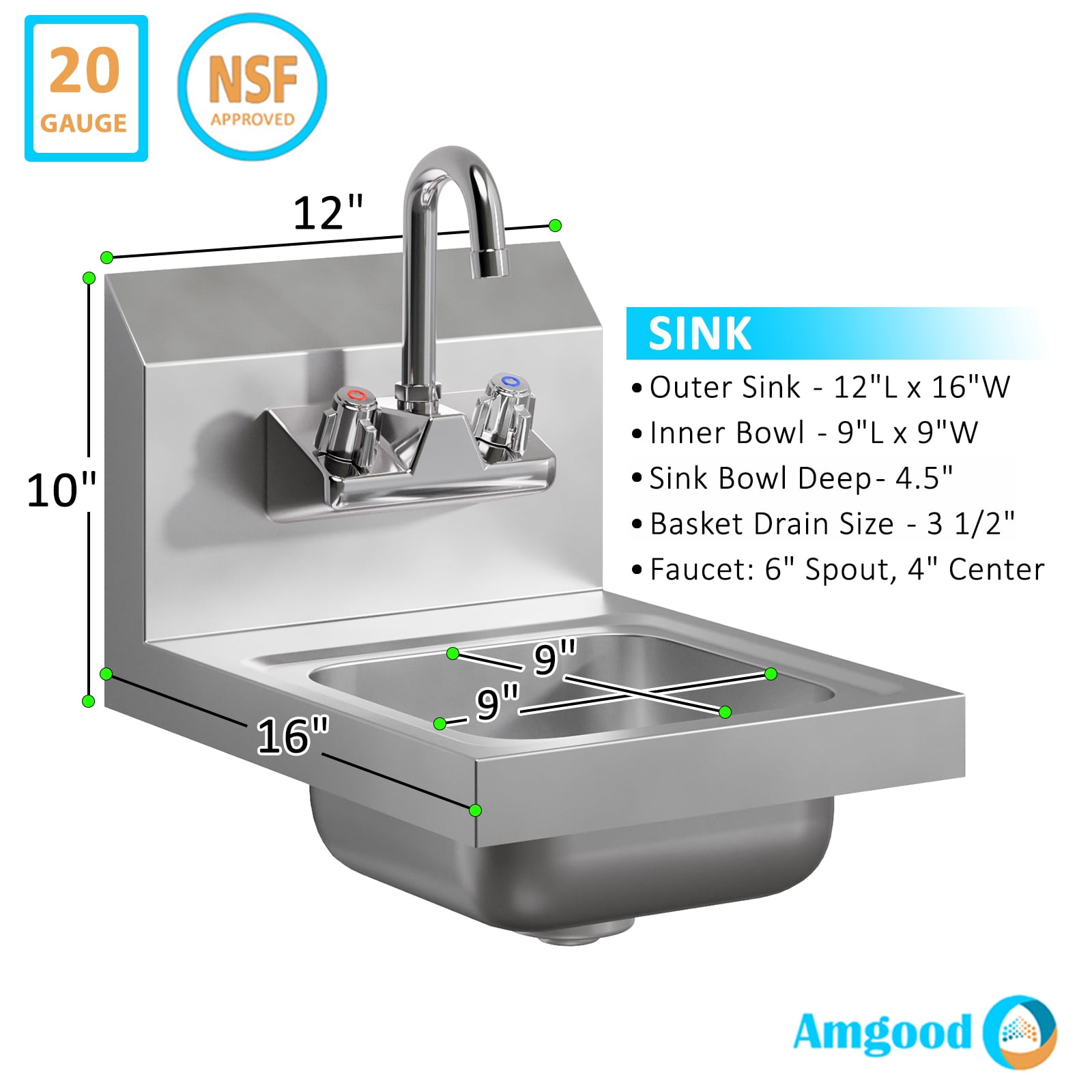 12 in. x 16 in. Stainless Steel Hand Sink | Commercial Wall Mount Hand Basin with Gooseneck Faucet, Strainer, Back Splash | NSF Certified | Perfect for Restaurants, Bars, Stores, Kitchen and More