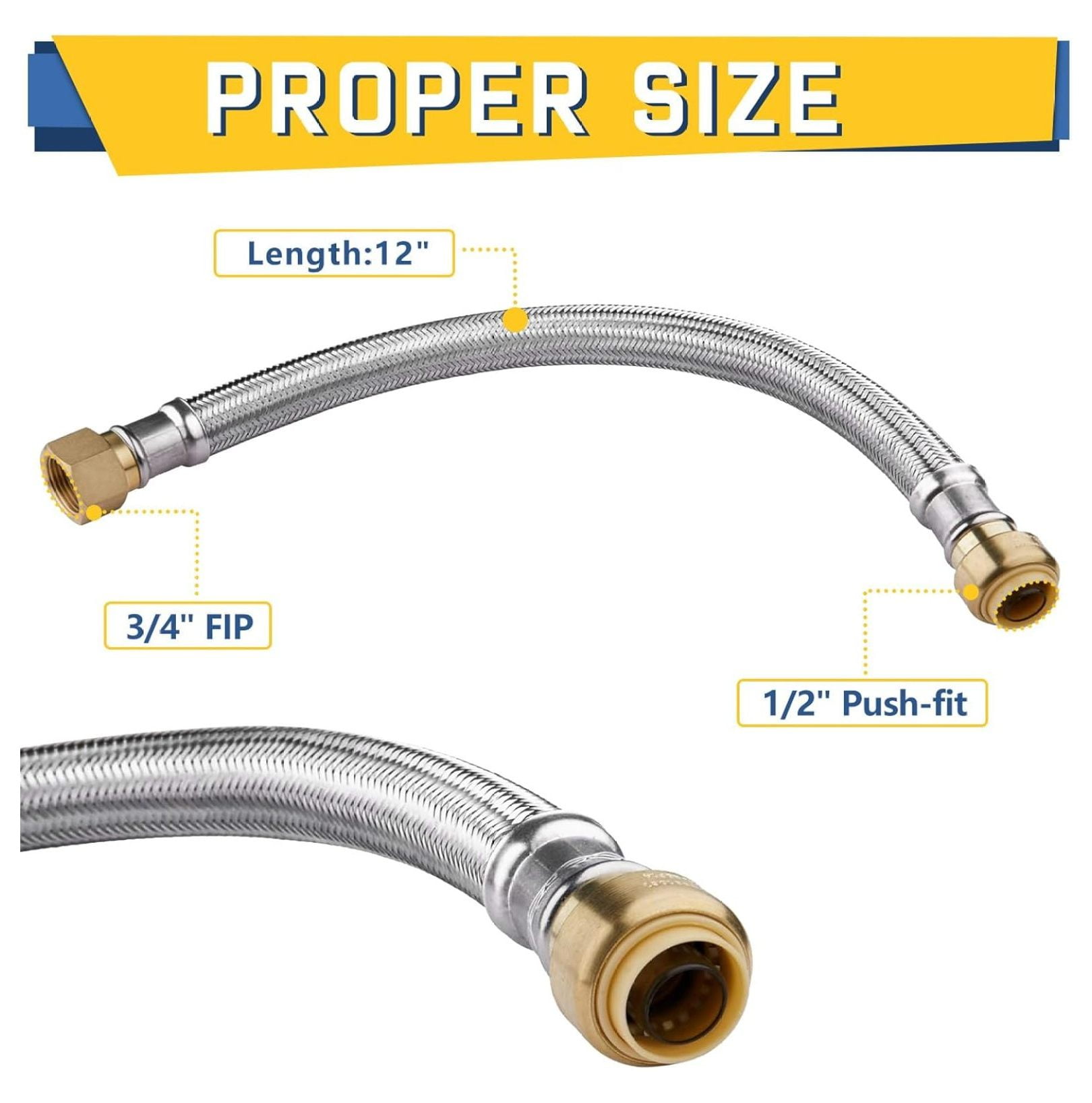 2-Pack 12 Inch Flexible Water Heater Connector,1/2 Inch Push-fit x3/4 Inch FIP, Stainless Steel Braided Hose(HOSE030-2Pack)