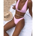 thumbnail image 3 of Traje de baño para mujer, cuello en V, color puro, cintura alta, espalda en T, correas regulables, 9 formas, botón trasero, trajes de baño divididos para playa, rosa, M, 3 of 6