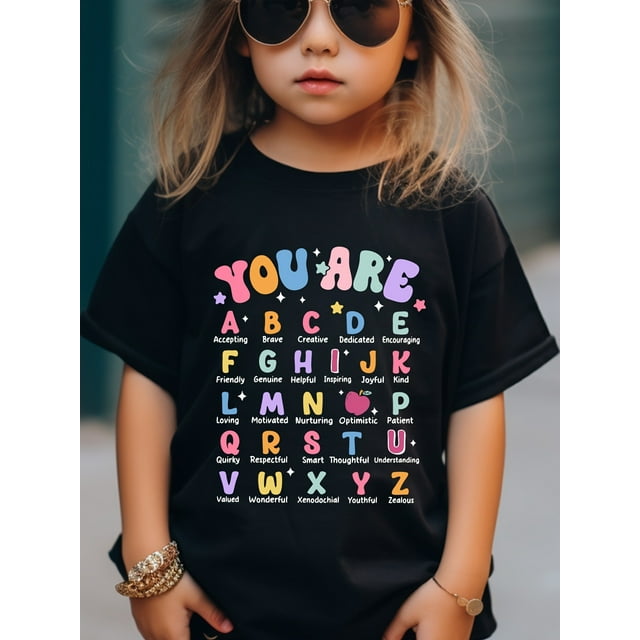 ROOBEN Girls' Breathable & Stretchy T-Shirt with Colorful Alphabet Print - Casual Round Neck Top for Summer, ROOBEN