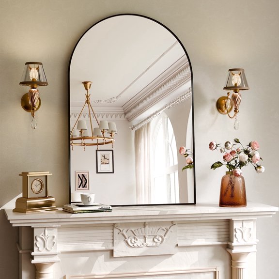 YVANLA 36"x24" Arched Bathroom Mirror Wall Mounted Mirror with Aluminum Alloy Frame, Black