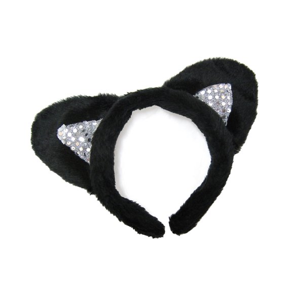 SeasonsTrading Black Plush Sequin Cat Ears Headband Costume - Halloween Cosplay