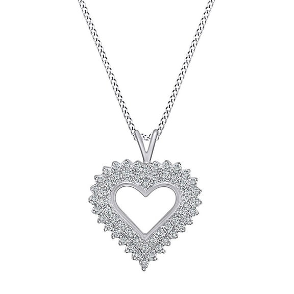 AFFY 1/2 Carat Round White Natural Diamond Double Row Heart Pendant Necklace 14k White Gold Over Sterling Silver with 18" Chain (I-J Color, I2-I3 Clarity, 0.50 Cttw)