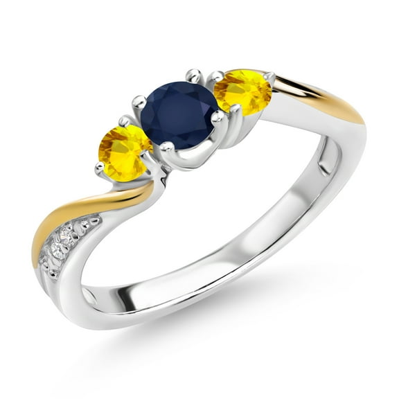 Gem Stone King 925 Silver and 10K Yellow Gold Blue Sapphire Yellow Sapphire and White Lab Grown Diamond 3 Stone Engagement Ring for Women (0.65 Cttw, September Birthstone, Size 9)