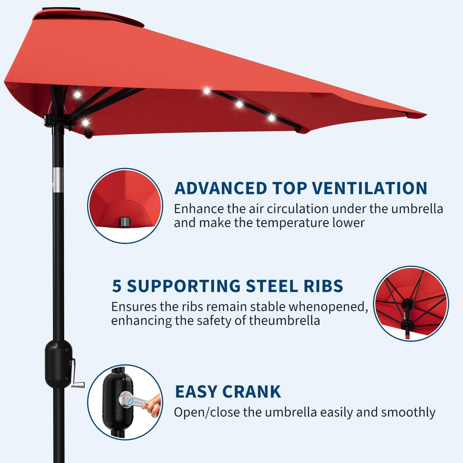 Senfot 9FT Half Patio Umbrella with Solar LED Lights, Smooth Crank Lift Outdoor Shade Canopy, UV Resistant for Patio Backyard Deck, Red
