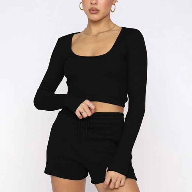 Wolfast Hauts d'Été à Manches Longues pour Femmes Mode Femmes Décontracté Hauts à Manches Longues Col Rond Ensembles de Shorts Décontractés