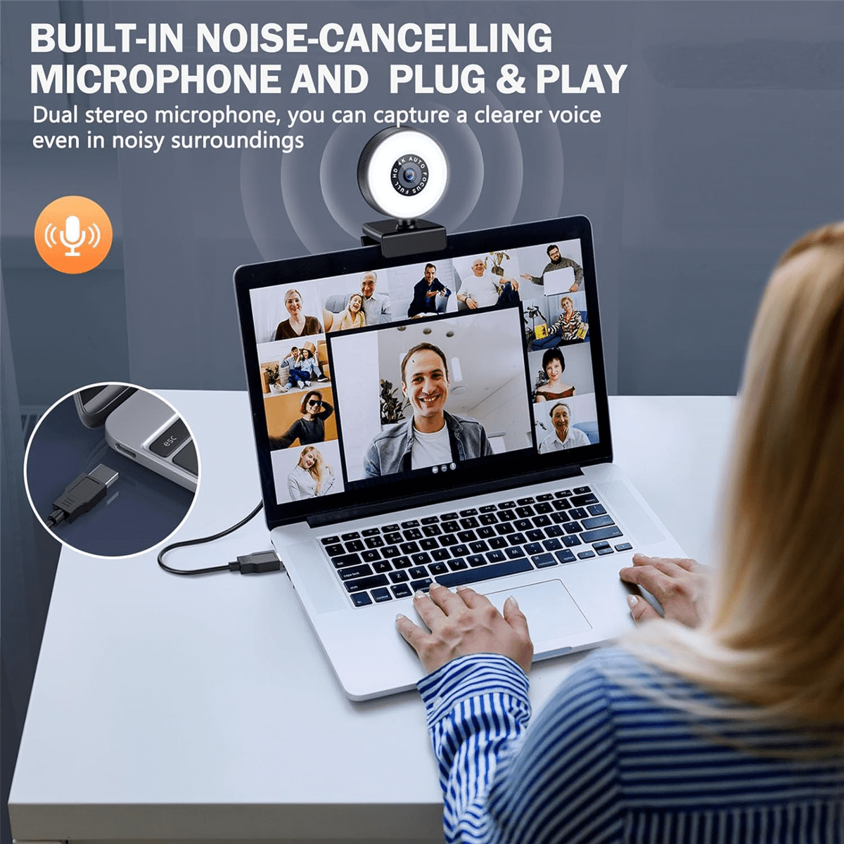 4K HD Autofocus Webcam with Microphone, Adjustable Light Computer Camera USB Webcam for Laptop Desktop Video Calling