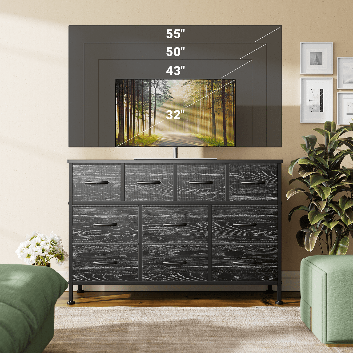GIKPAL Dresser TV Stand, 10 Drawer Dressers for Bedroom with Power Outlet, Chest of Drawers for 55" Long TV, Fabric Dresser for Storage and Organization, Black