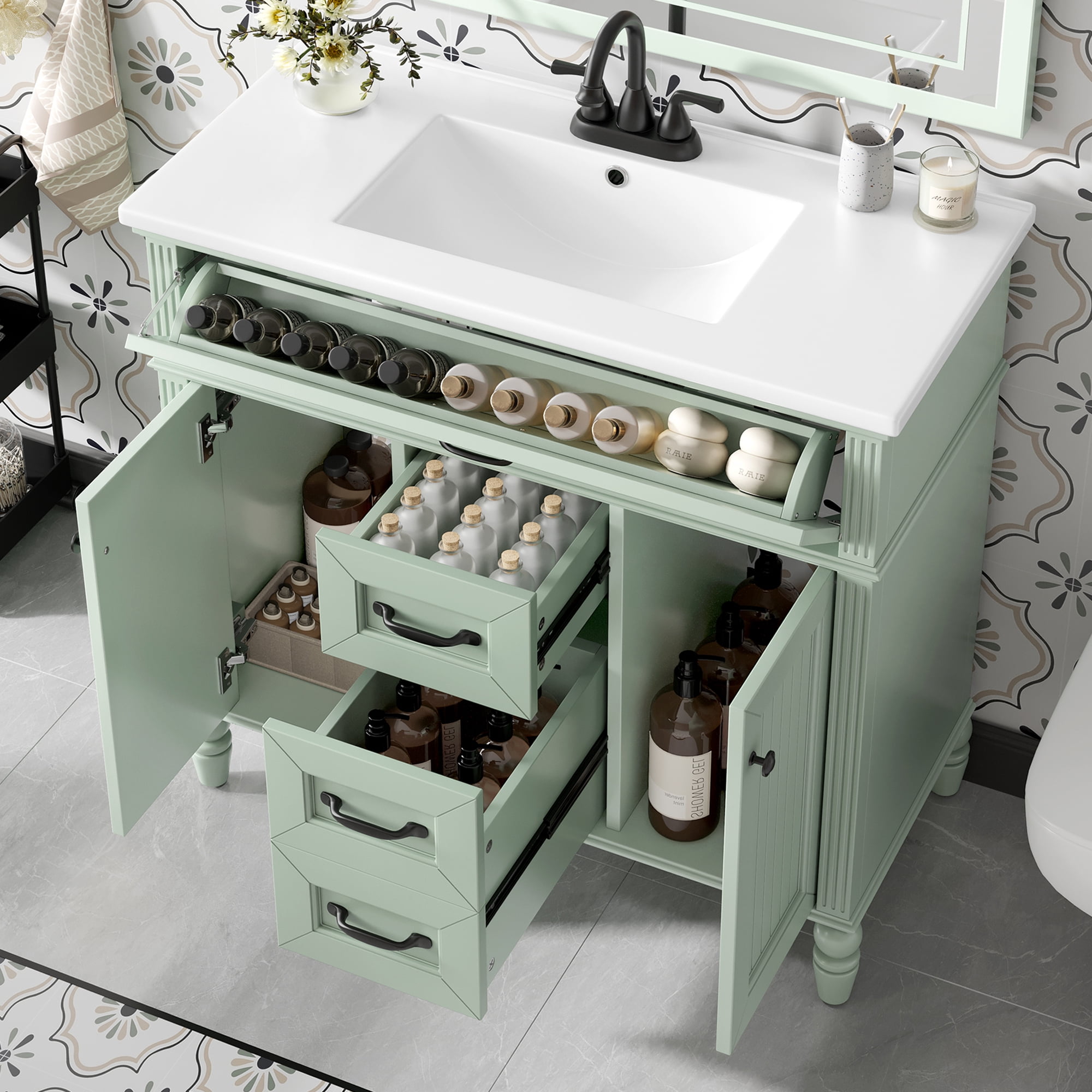 Euroco 36 Inch Bathroom Vanity with Sink Combo, Green Freestanding Cabinet with Ceramic Basin, MDF + Solid Wood Frame, Flip-Out Top Drawer, Soft Close Doors, 2 Storage Drawers, Black Handles