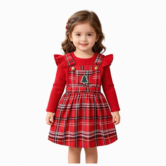 CAICJ98 Toddler Baby Girls Christmas Outfit Ruffle Long Sleeve Shirts Top Plaid Overall Dress Fall Winter Clothes Set,Size 6-12 Months