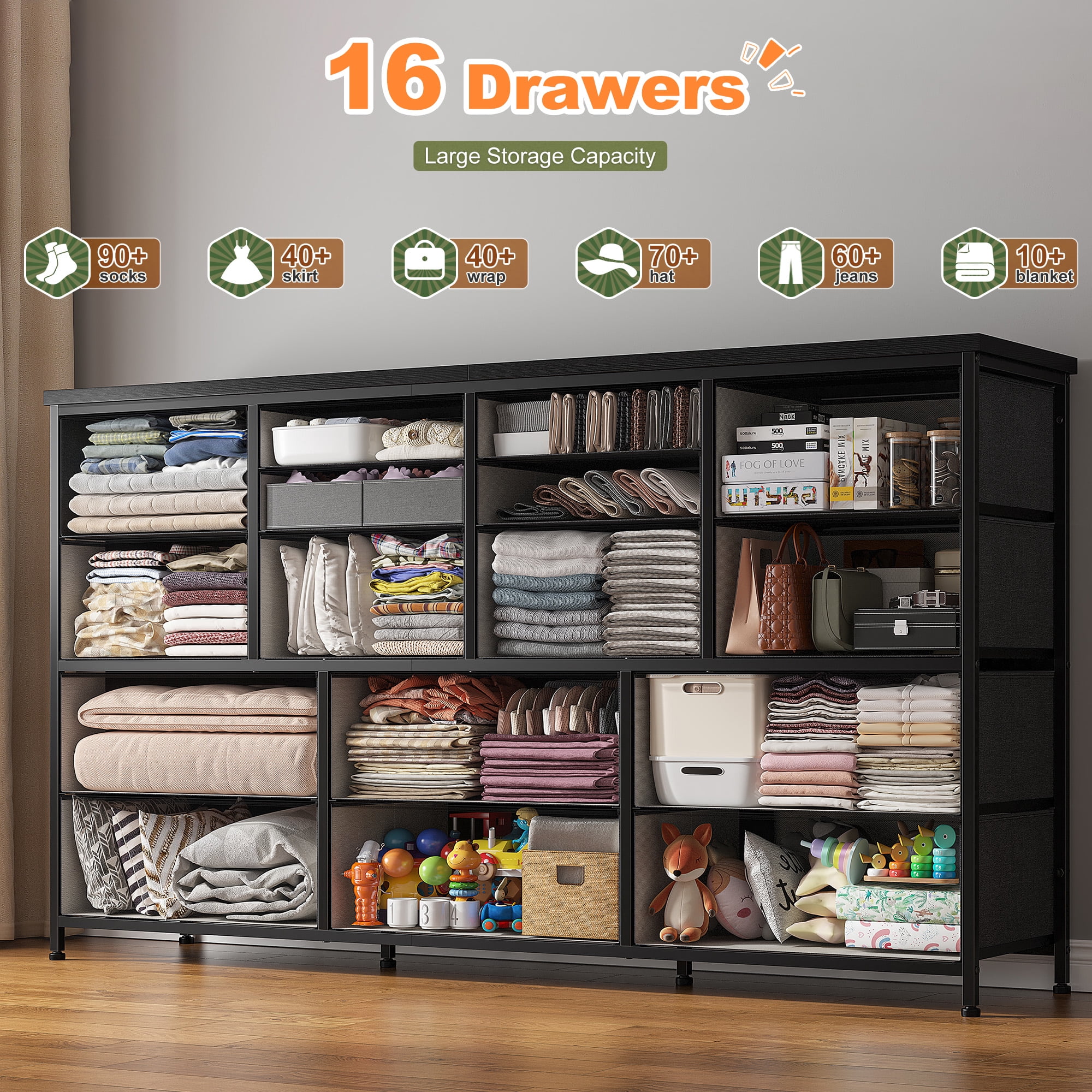 Romorgniz Dresser for Bedroom with 16 Drawers for Closet Fabric Dressers & Chests of Drawers TV Stand with Charging Station, Gray