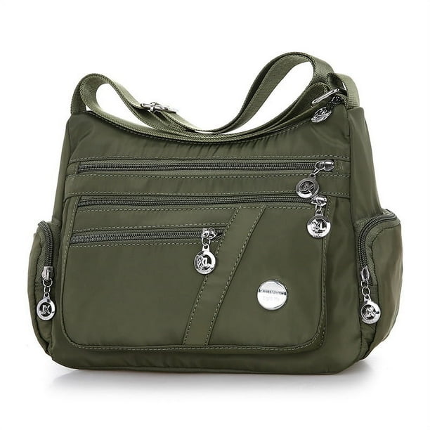 Bolso bandolera multibolsillos para mujer, impermeable, de nailon, de un solo hombro, de viaje, color verde