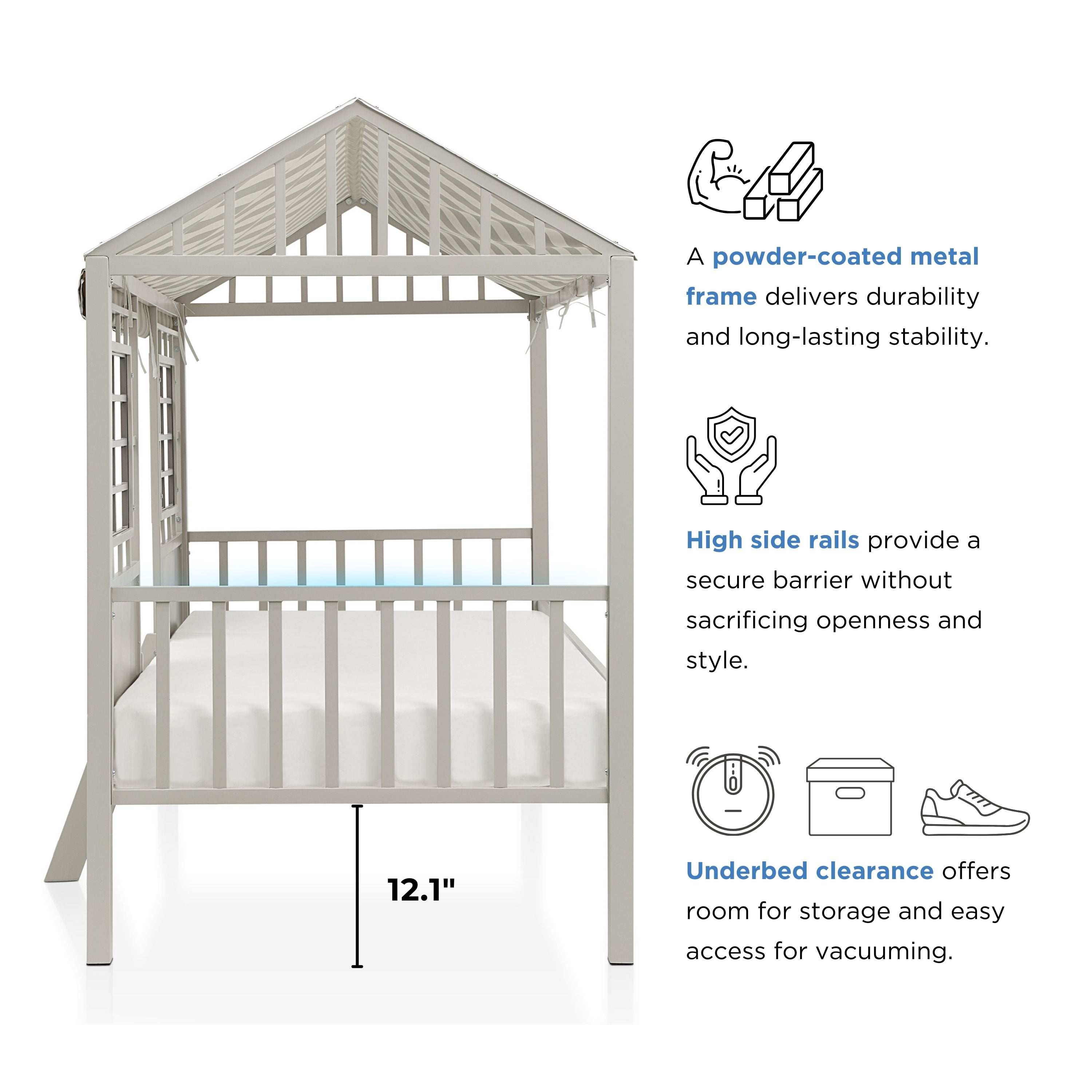 Furniture of America Little House Kids Metal Loft Bed with Guardrails, Gray, Twin