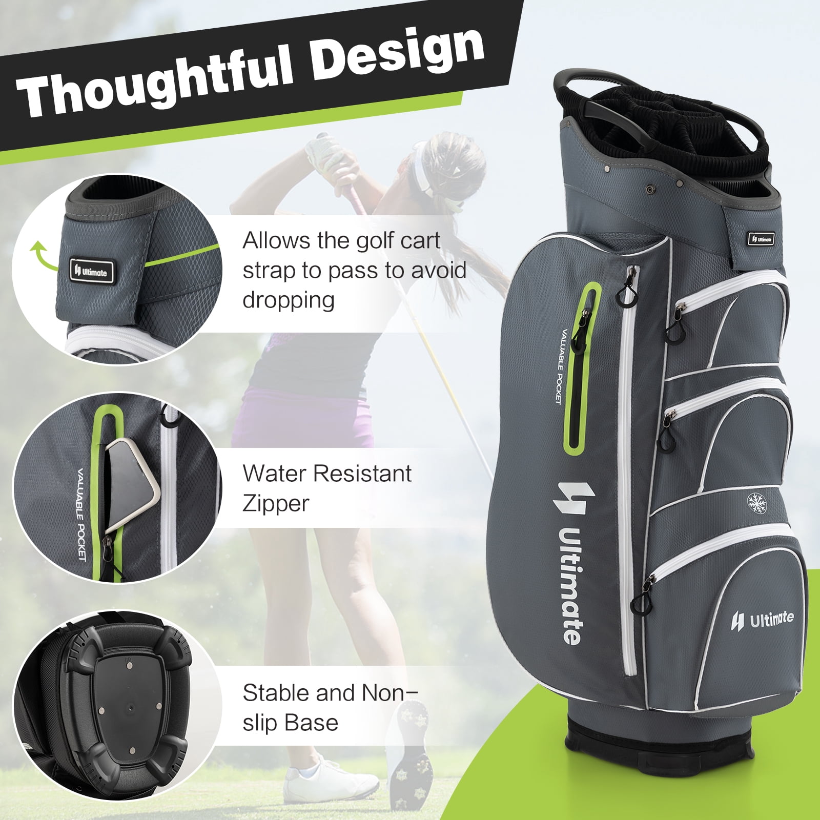 Topbuy 15-Way Golf Cart Bag Golf Club Bag with 15 Ways Organizer Divider Top 7 Zippered Pockets Cooler Bag Umbrella Holder Rain Hood Grey + Green