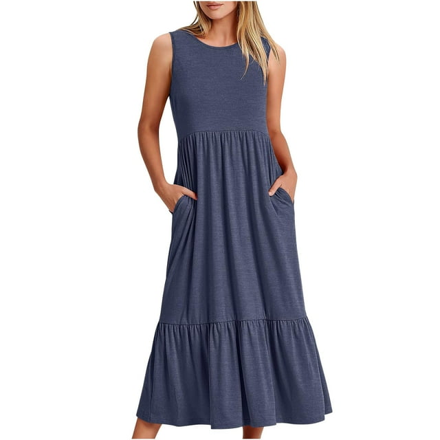 AherBiu Robes d'Été pour Femmes Décontractées Amples Sans Manches Robe Midi avec Poches Confortables à Volants Robes Soleil