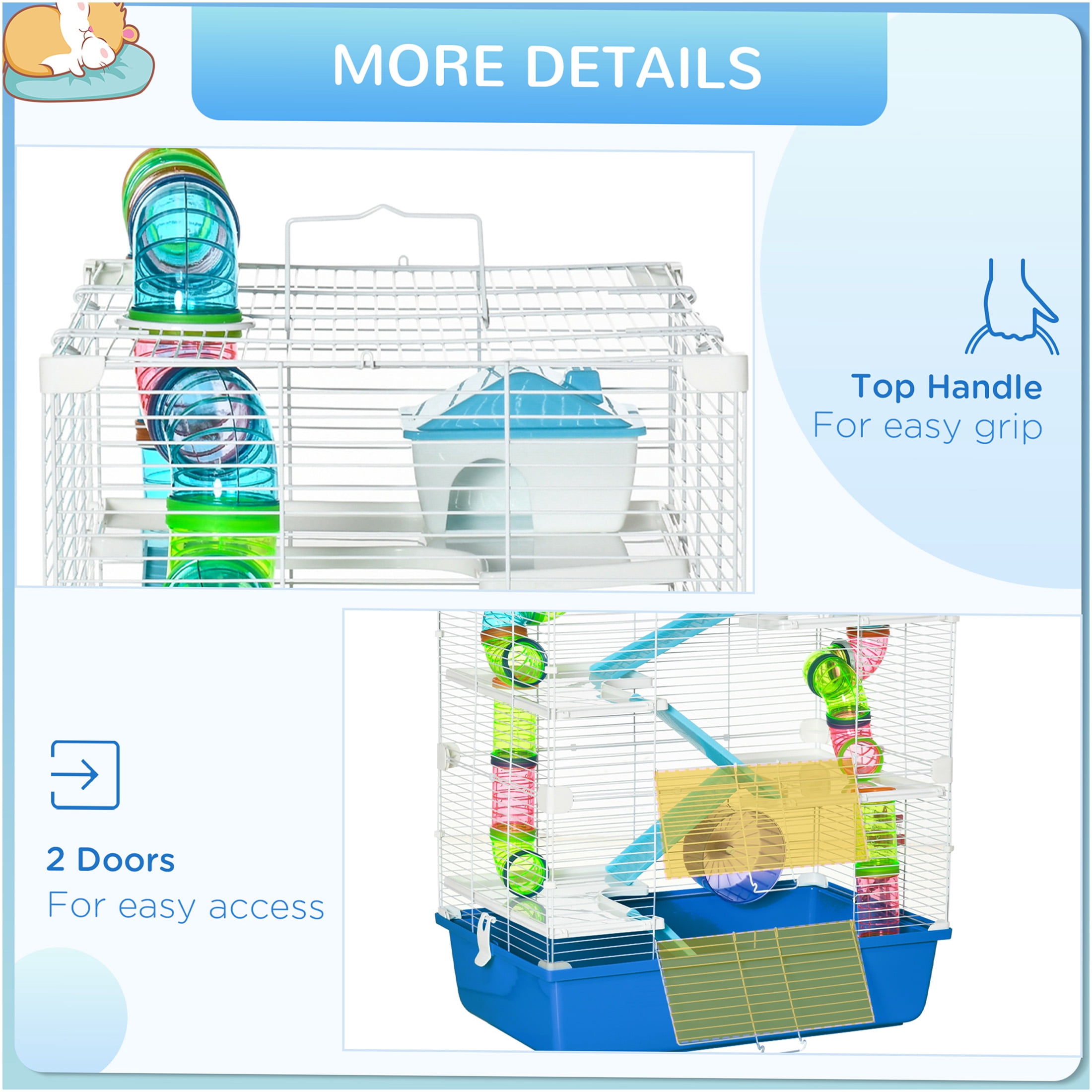 JERFIT 5-Tier Large Hamster Cage with Tubes, Exercise Wheel, Water Bottle & Food Dish, Multi-Level Habitat with Carry Handles, Ventilated Steel Frame, Blue Rat House