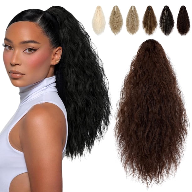 Felendy Extensión de cola de caballo Garra 18 "" Extensiones de cabello rizado ondulado y esponjoso Clip de cola de caballo en colas de caballo largas Postizo sintético para mujeres Marrón medio