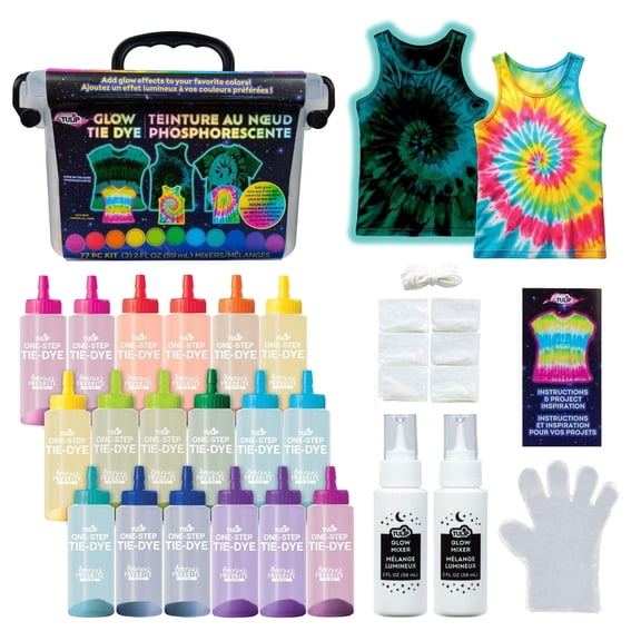 Tulip Glow Tie-Dye Tub, Design Your Looks, Add Glow Effects to Your Favorite Colors, Includes 18 Easy-Squeeze Dye Bottles and Glow Pigments/Mixers, All-in-One Party Activity Kit, 77 pieces