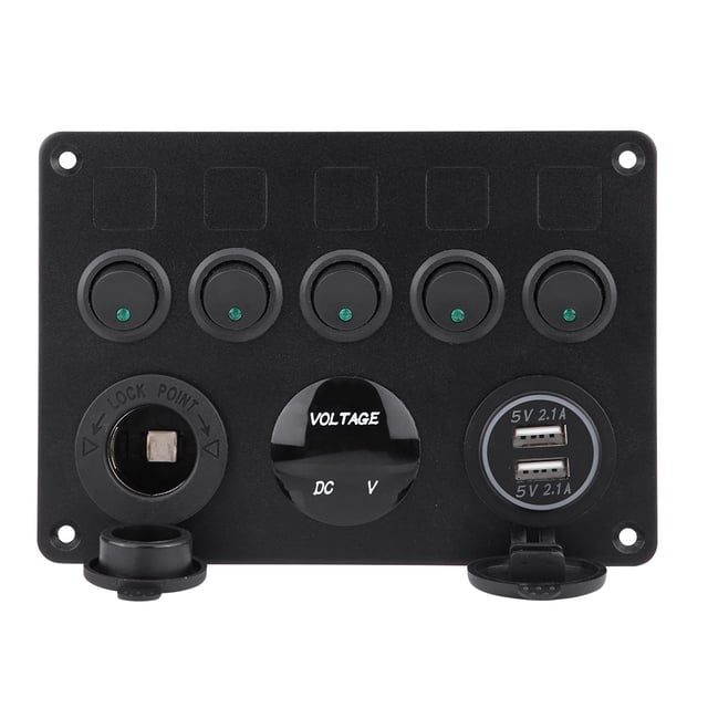 Qiilu Toggle Switch Panel, 12-24V 5 Gang On/Off Toggle Switch Panel Dual USB Voltmeter For Car Boat Marine Truck