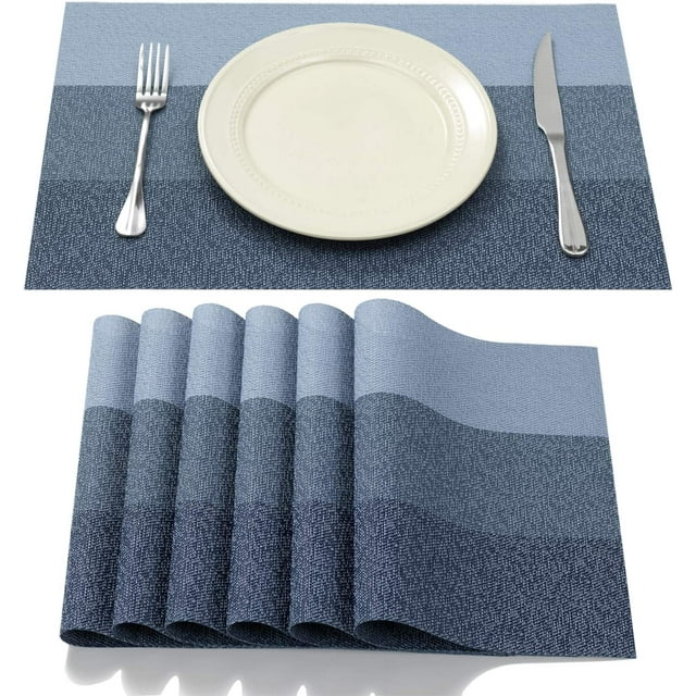 Zhuge Juego de 6 manteles individuales para mesa de cocina, comedor, de vinilo tejido, lavables, decoración de mesa, aislamiento térmico, resistente a las manchas (azul)