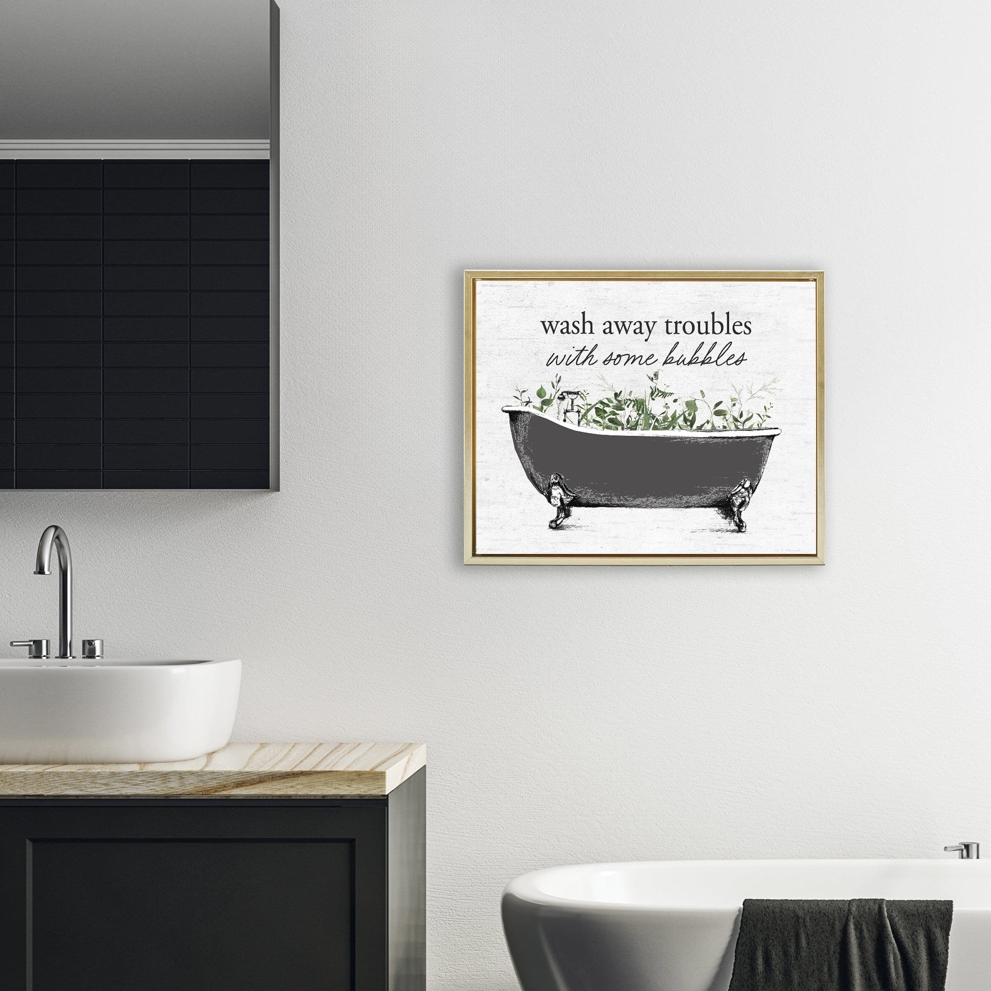 Comforting Bubble Bath Quote Gold Framed Floater Canvas Wall Art, design by Lettered and Lined