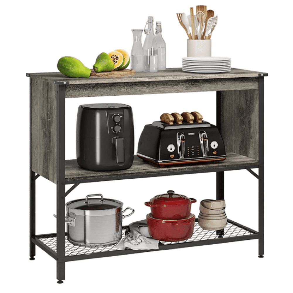 Bestier Farmhouse Kitchen Island with Storage, Portable Coffee Bar Shelf Console Table, Grey