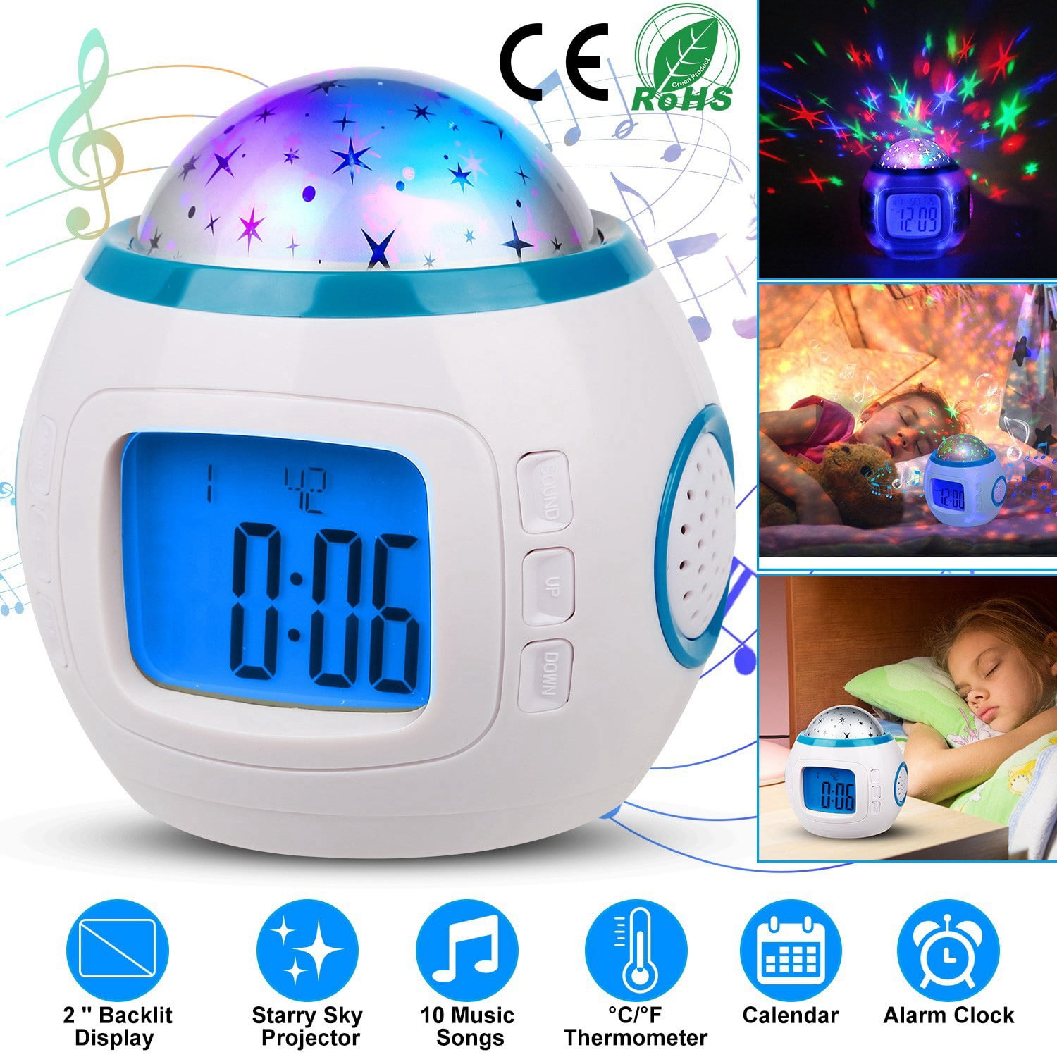 Music Led Star Sky Projection Digital Alarm Clock Calendar Thermometer Kids 