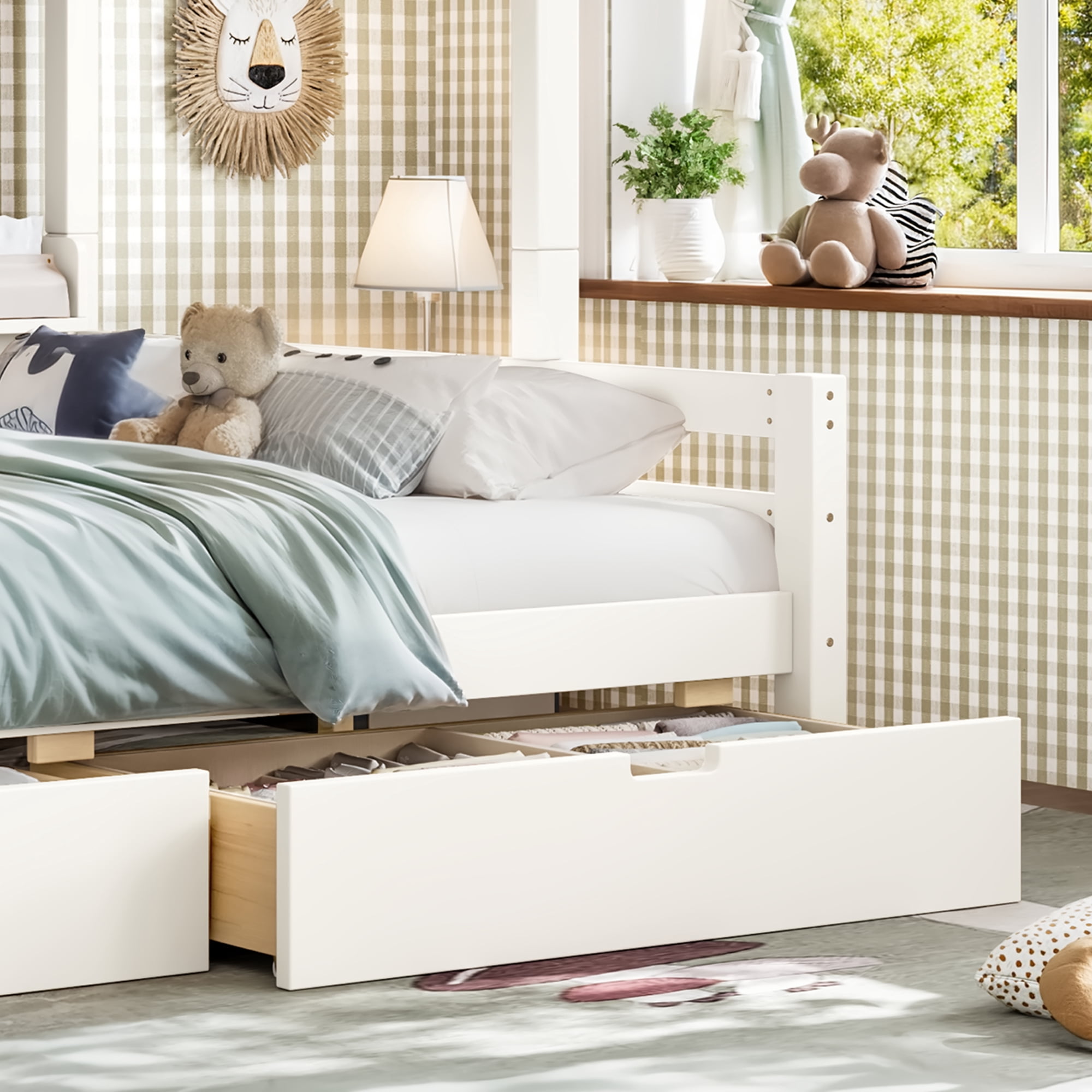 Leumius Twin over Full Bunk Bed with Storage Drawers, Chic Curved Guardrail & Side Storage Shelves, Bunk Bed Frame with Ladder Beige