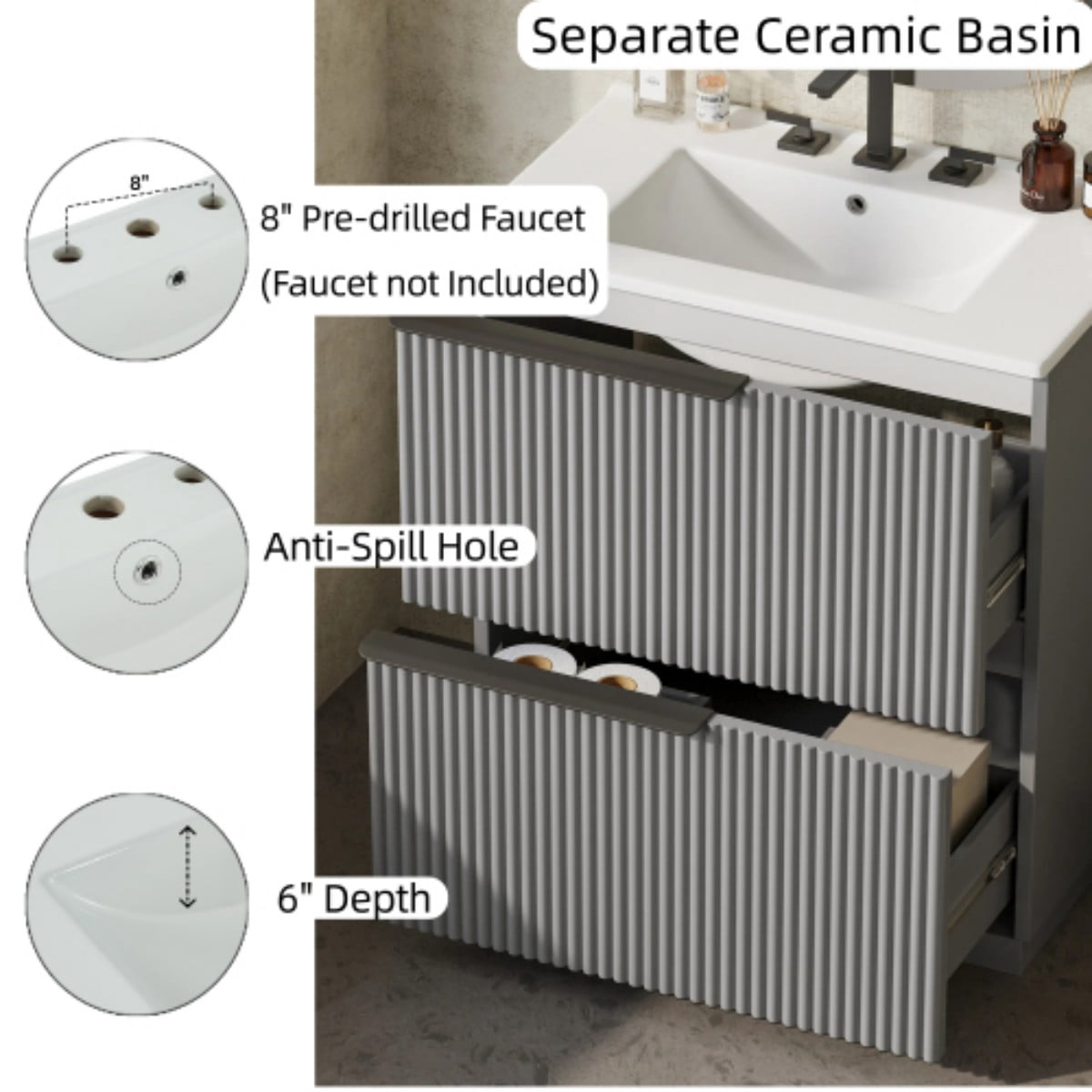 30" Bathroom Vanity with Ceramic Sink, Freestanding Bathroom Cabinet with Full Extension Drawers, Soft Close Slides, Fluted Design, Gray
