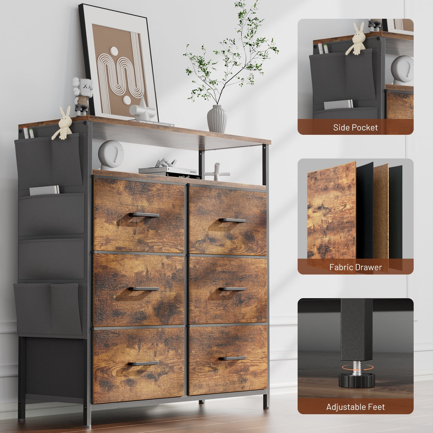 HLDIRECT Dresser for Bedroom with 6 Drawers, Fabric Chest of Drawers with Open Shelves & Side Storage Bags, Storage Cabinet with LED Lights for Living Room, Closet, Entryway, Gray