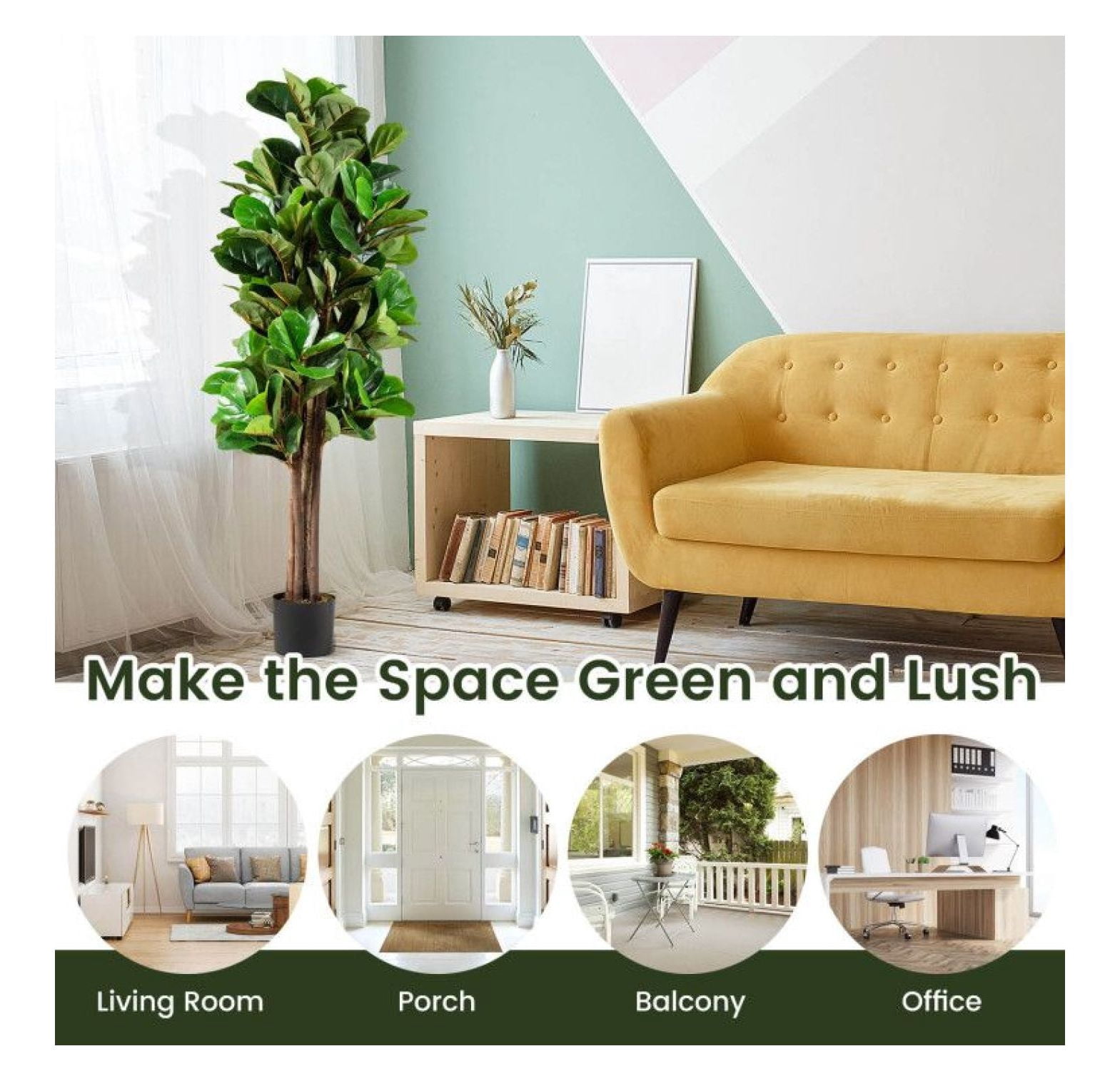 5ft Artificial Fiddle Leaf Fig Tree, Decorative Indoor Plant, Realistic Greenery, Home & Office Decor, Plastic Planter with Moss, 180 Leaves