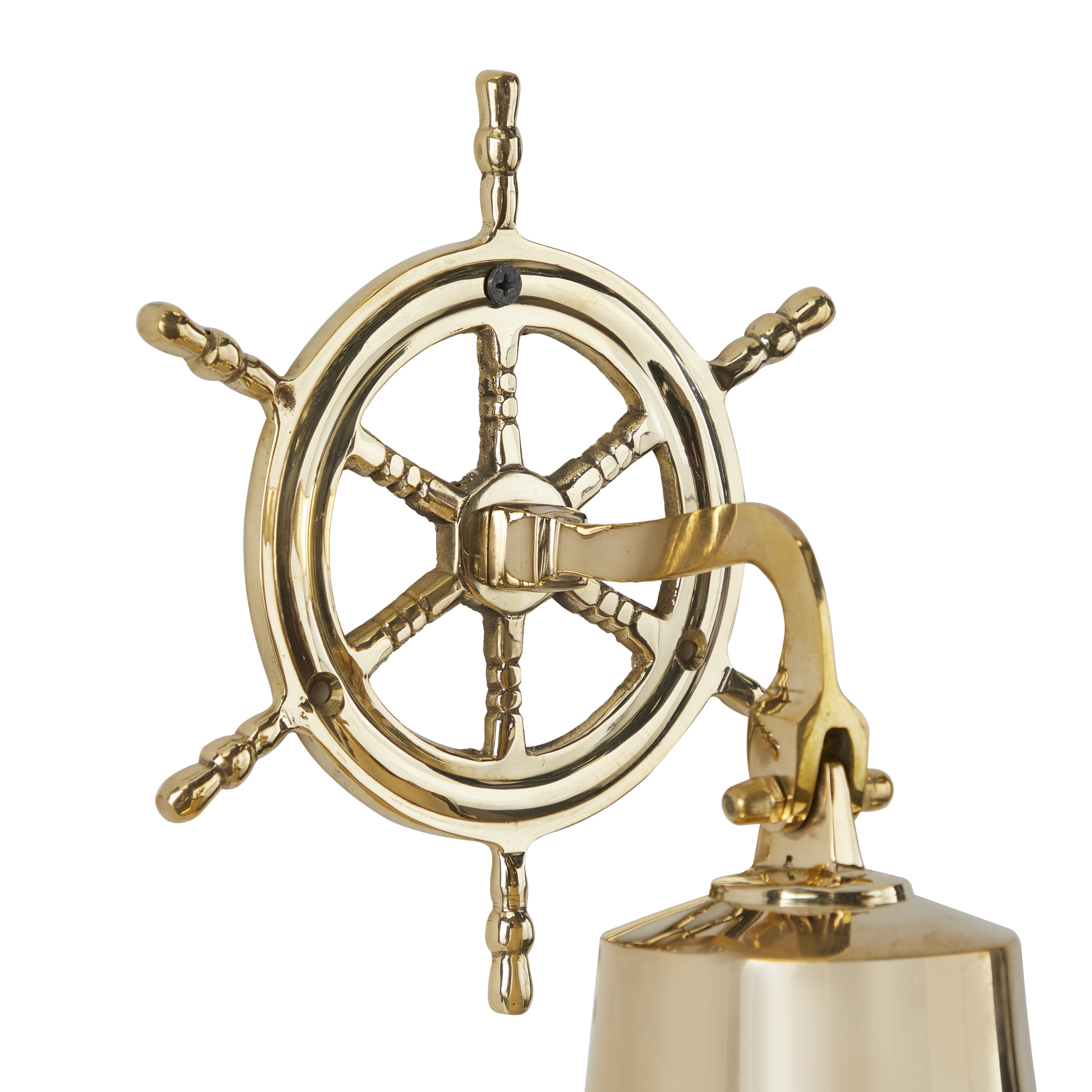 DecMode Gold Brass Bell Wall Decor with Ship wheel Backing