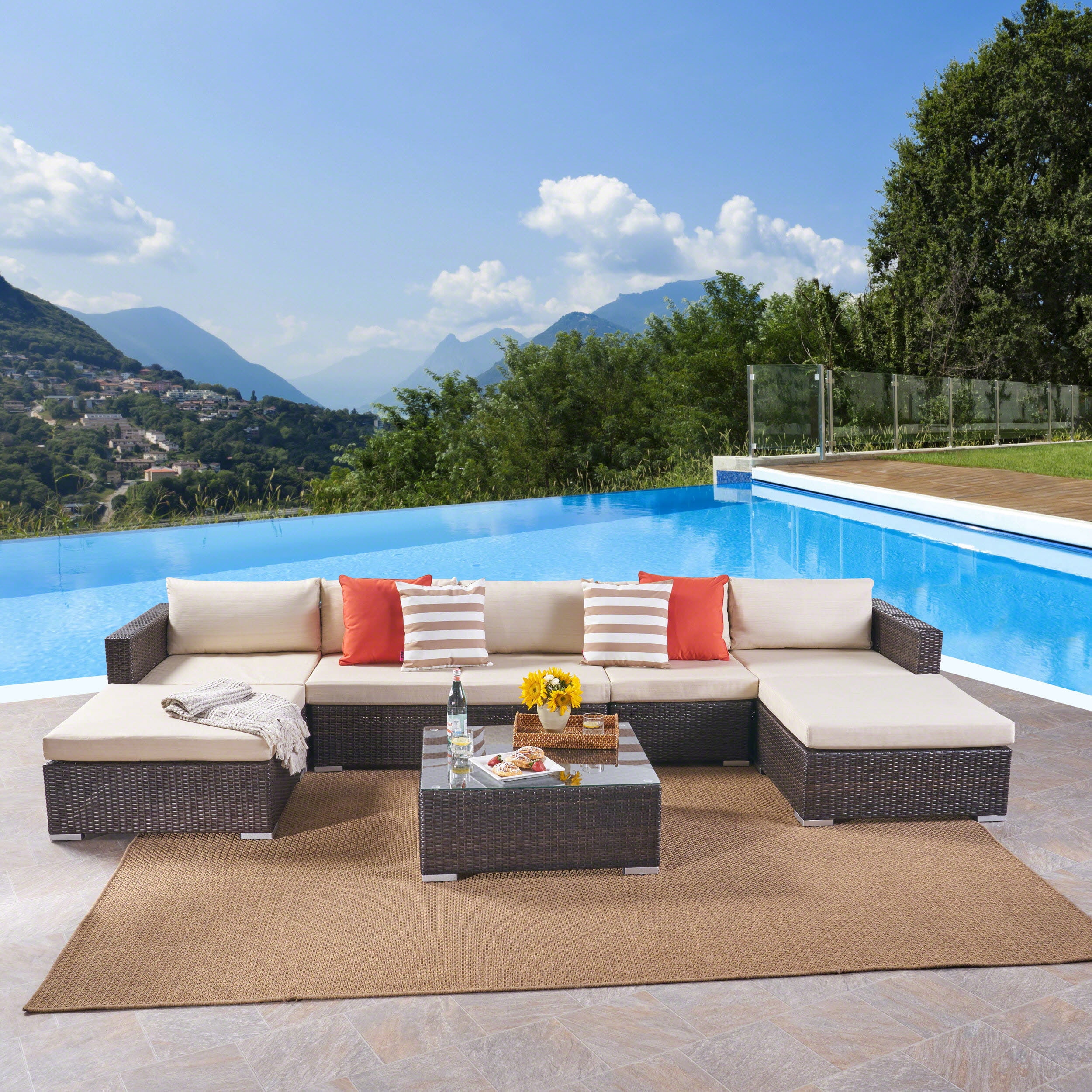 Outdoor 5 Seater Wicker Sectional Sofa Set with Cushions, Multibrown,Beige