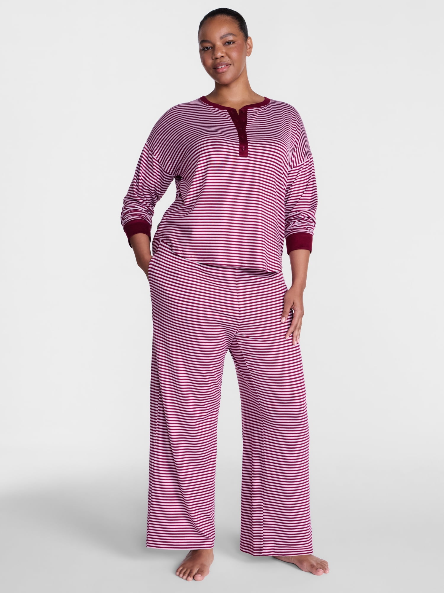 Joyspun Women's Cozy Lounge Collection Hacci Henley Top and Pants, 2-Piece Pajama Set, Sizes XS-3X