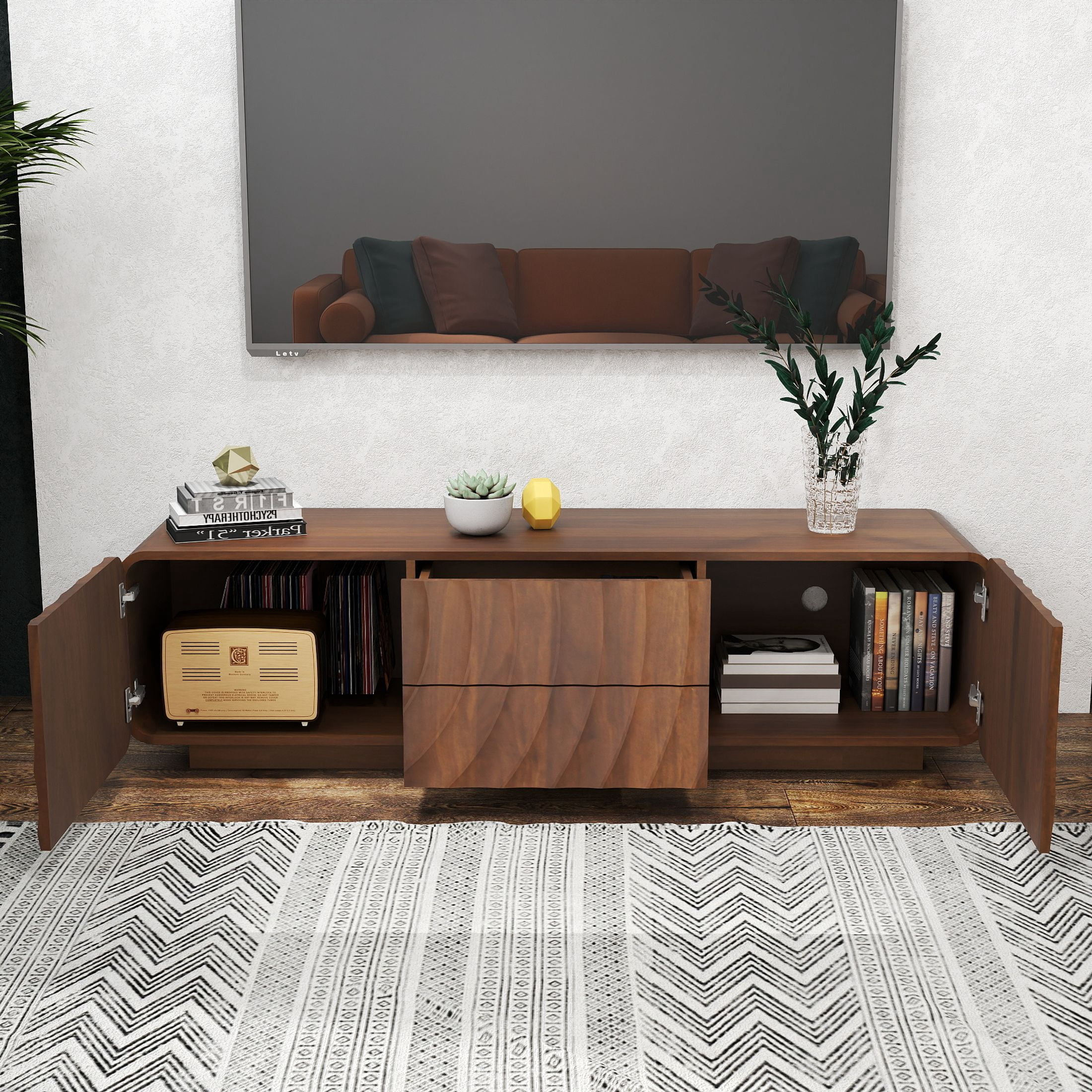 Noble House Mavor 58" Modern TV Stand Console with Storage Drawers, Spiral Wave Pattern Cabinet for Living Room, Walnut