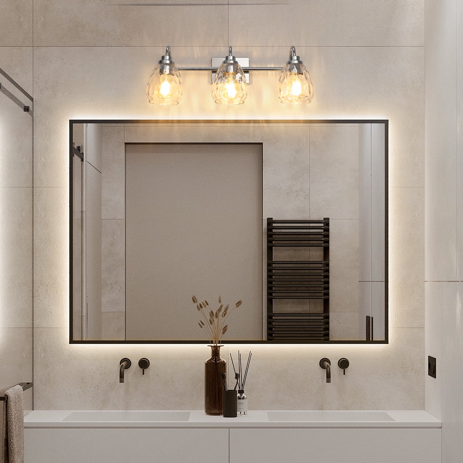 3/4/5/6 Light Bathroom Light Fixtures, Chrome Vanity Light Fixtures Over Mirror Wall Mount Lighting Fixture with Hammered Glass Shade E26 Socket for Hallway Kitchen Bedroom Living Room