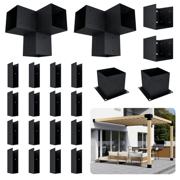 Customizable Pergola Kit for 8x8 Pergola with 2 Posts - Heavy-Duty Steel Black 6x6 Brackets for DIY Attached Pergola with Roof (Wood Not Included)