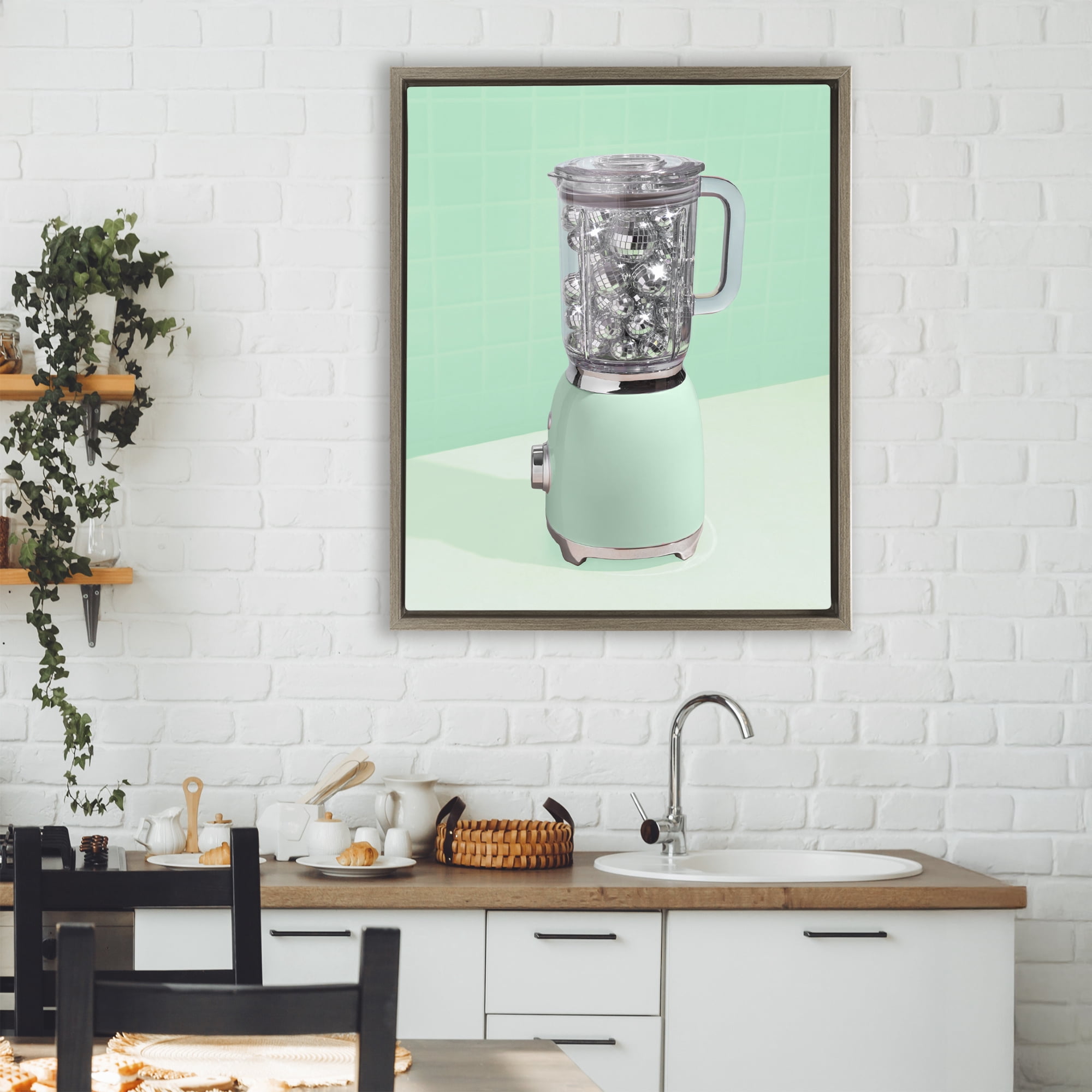 Stupell Industries Disco Drink Blender over Green Brown Framed Floater Canvas Wall Art, design by LISH Creative