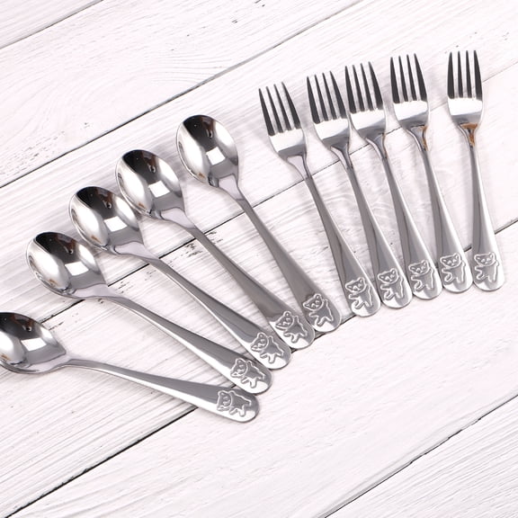 Austok 10 Pieces Kids Silverware, Stainless Steel Children's Safe Flatware Child Spoon and Fork Set Toddler Utensils, 5 x Safe Forks,5 x Children Spoons