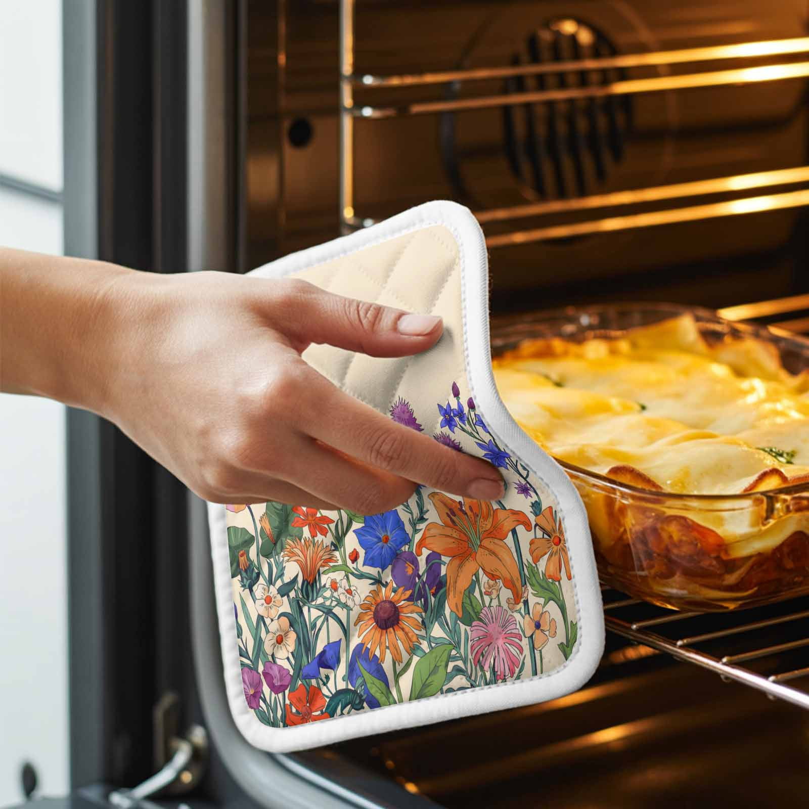 Spring Floral Pot Holders for Kitchen Heatproof Potholder, 4 Pack Purple Yellow Flower Farmhouse Hot Pads Multipurpose Oven Pads Cloth Potholders Trivet for Cooking and Baking