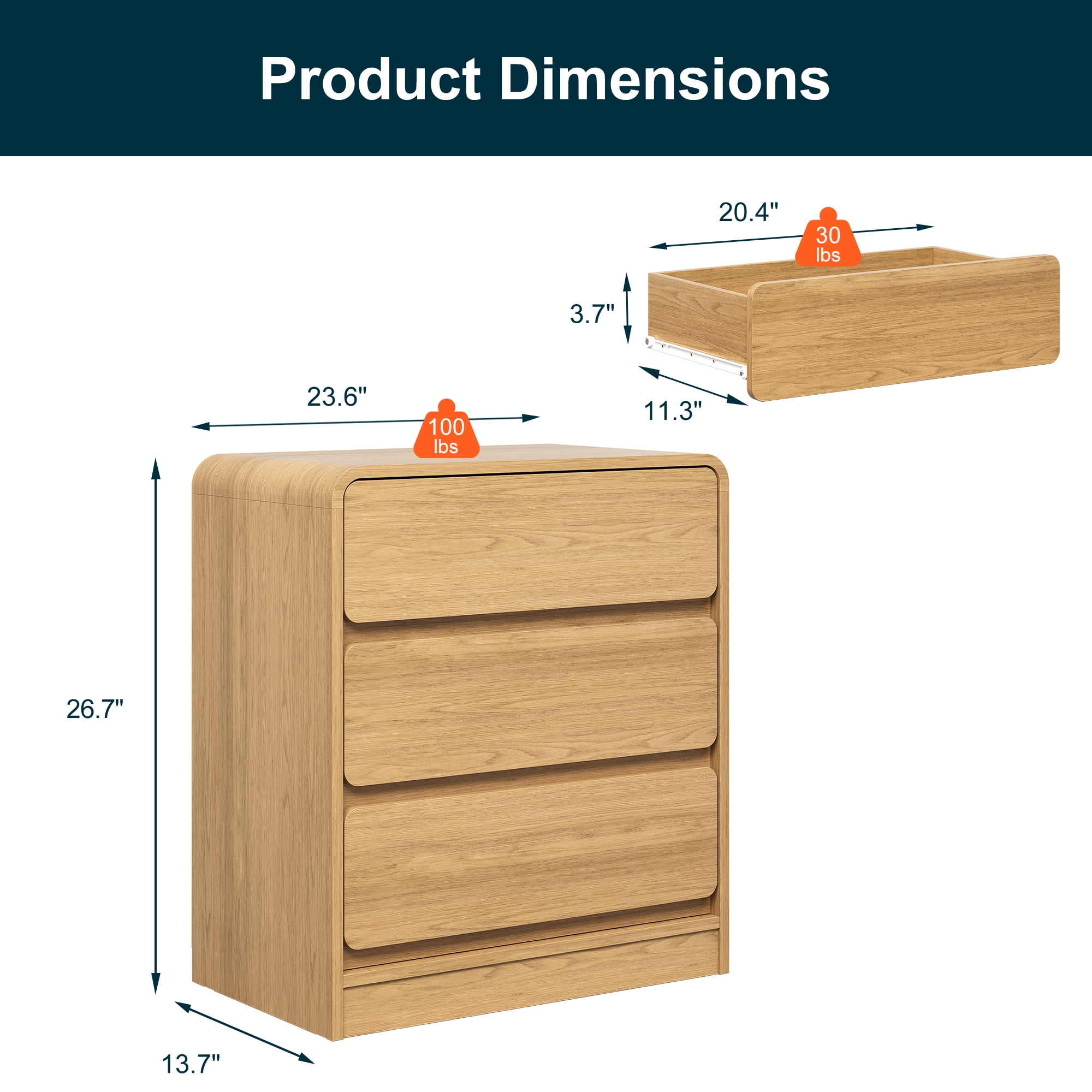 Heynemo Modern 3-Drawer Storage Dresser for Home and Office, Natural