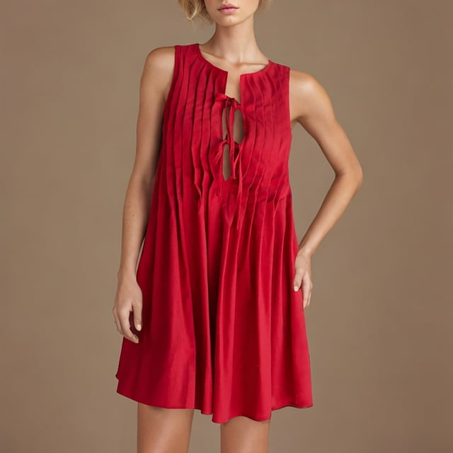 Ovzne Robes Grande Taille pour Femmes Rondes Robe Décontractée Sans Manches Col Rond à Lacets Plissée Robe de Printemps en Solde