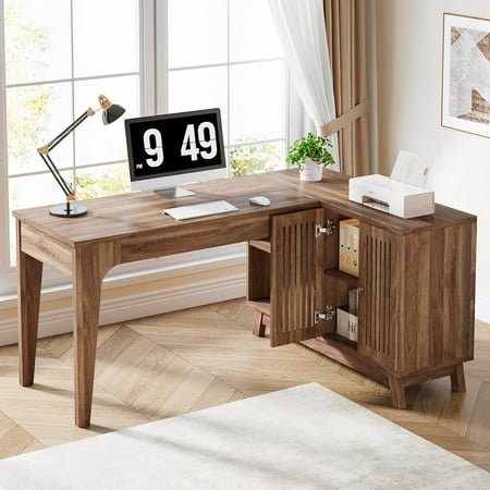 Tribesigns 57-Inch Wood L-Shaped Corner Computer Desk Study Writing Table with Storage Shelves Workstation with Cabinet for Home Office Walnut