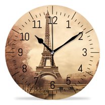 erolrail Rustic Wall Clock,Silent Non Ticking Wall Clocks for Living Room,Bedroom,Kitchen 12IN Eiffel Tower Retro Paris Pattern