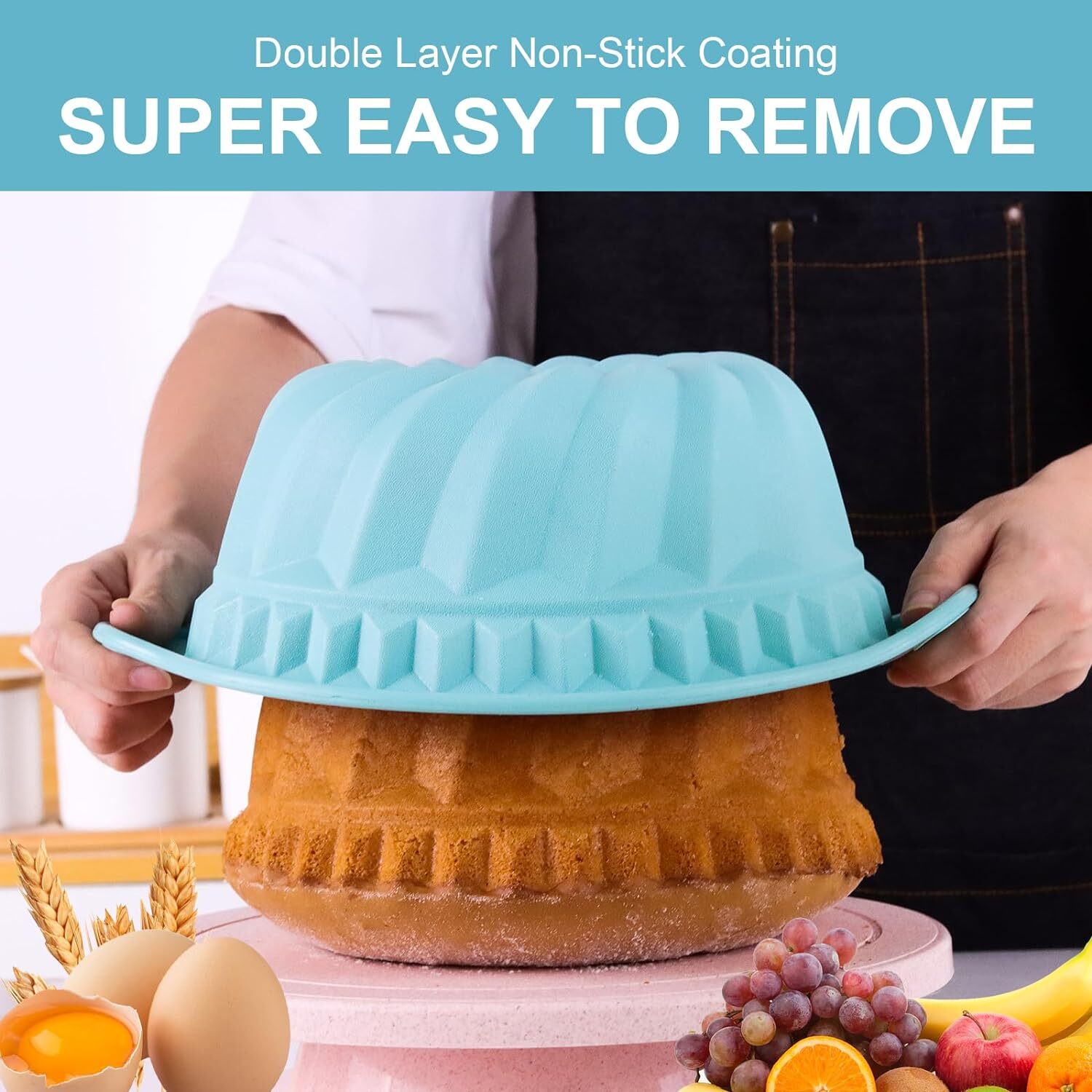 GoXteam Bundt Cake Mold, Silicone Bundt Pans, Silicone Bakeware Sets, Nonstick Silicone Bakeware, Silicone Baking Molds (Blue)