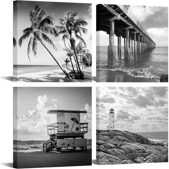 4 Piece Wall Art Back White Beach Picture Canvas Print Florida Coastline Lighthouse Lifeguard Tower Pier Poster Print Streched Framed Artwork Living Room Bedroom Bathroom Deco