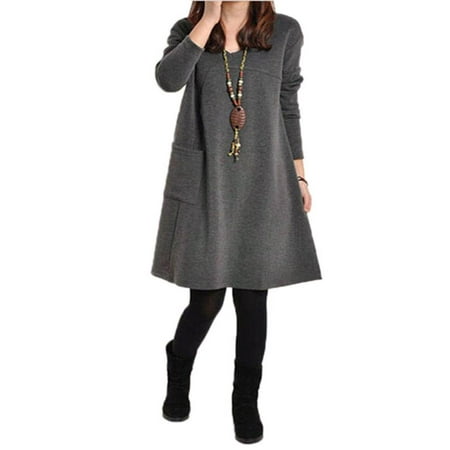 Ella Double V-neck Tunic - Womens V Neck Long Sleeve Pocket Tunic Loose Casual Dresses