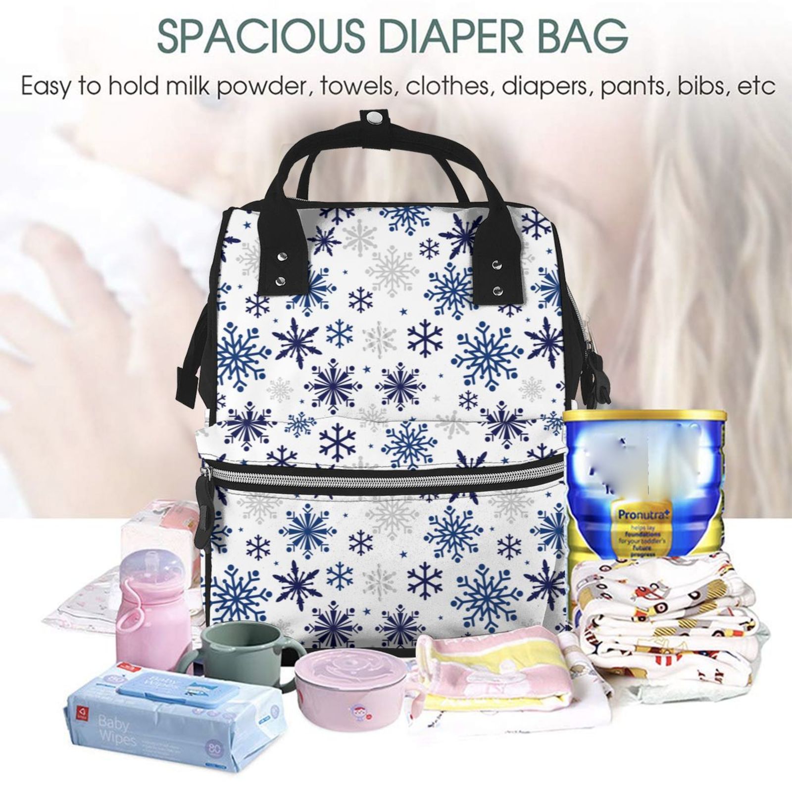 Ratiio blue Snowflake Prints Mummy Backpack - Waterproof Twill Canvas, Large Capacity Diaper Bag with Multiple Pockets and Adjustable Straps