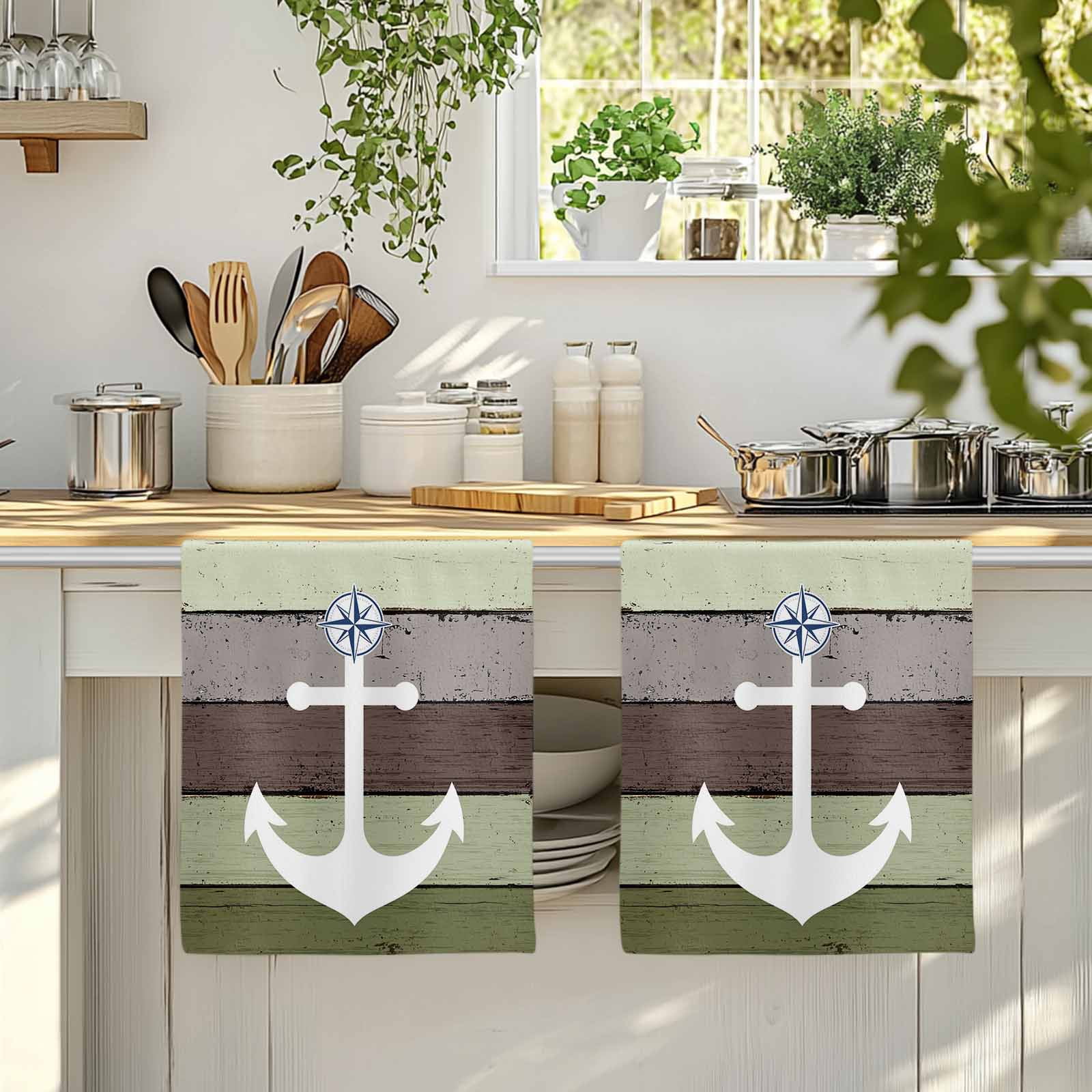 Dish Towels, Nautical Anchor Absorbent Kitchen Towels 2 PCS, Vintage Sage Green Wood Grain Microfiber Hand Towels Dish Cloths Tea Towels for Home&nbsp;Bathroom Cleaning Drying,18X28-Inch,