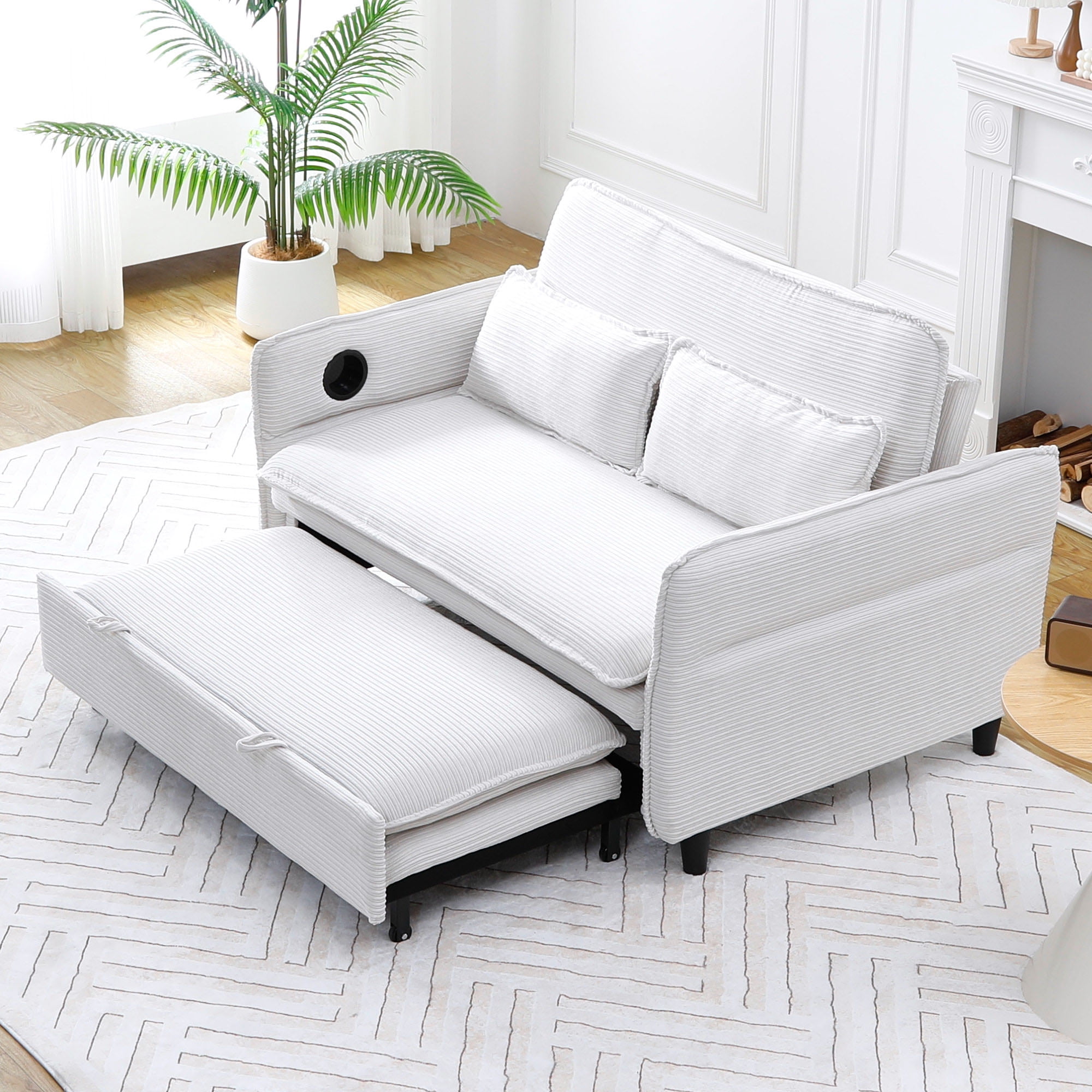 3-in-1 Convertible Sofa Bed,Modern Corduroy Sleeper Sofa with Pull Out Bed,Loveseat Couch with Adjustable Armrest for Living Room,Beige